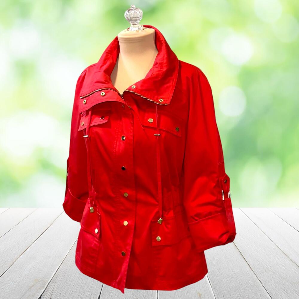 CARLISLE Utility Jacket Anorak Full Zip Gold Snaps Roll Tab Tomato Red Sz 8 - Picture 2 of 16
